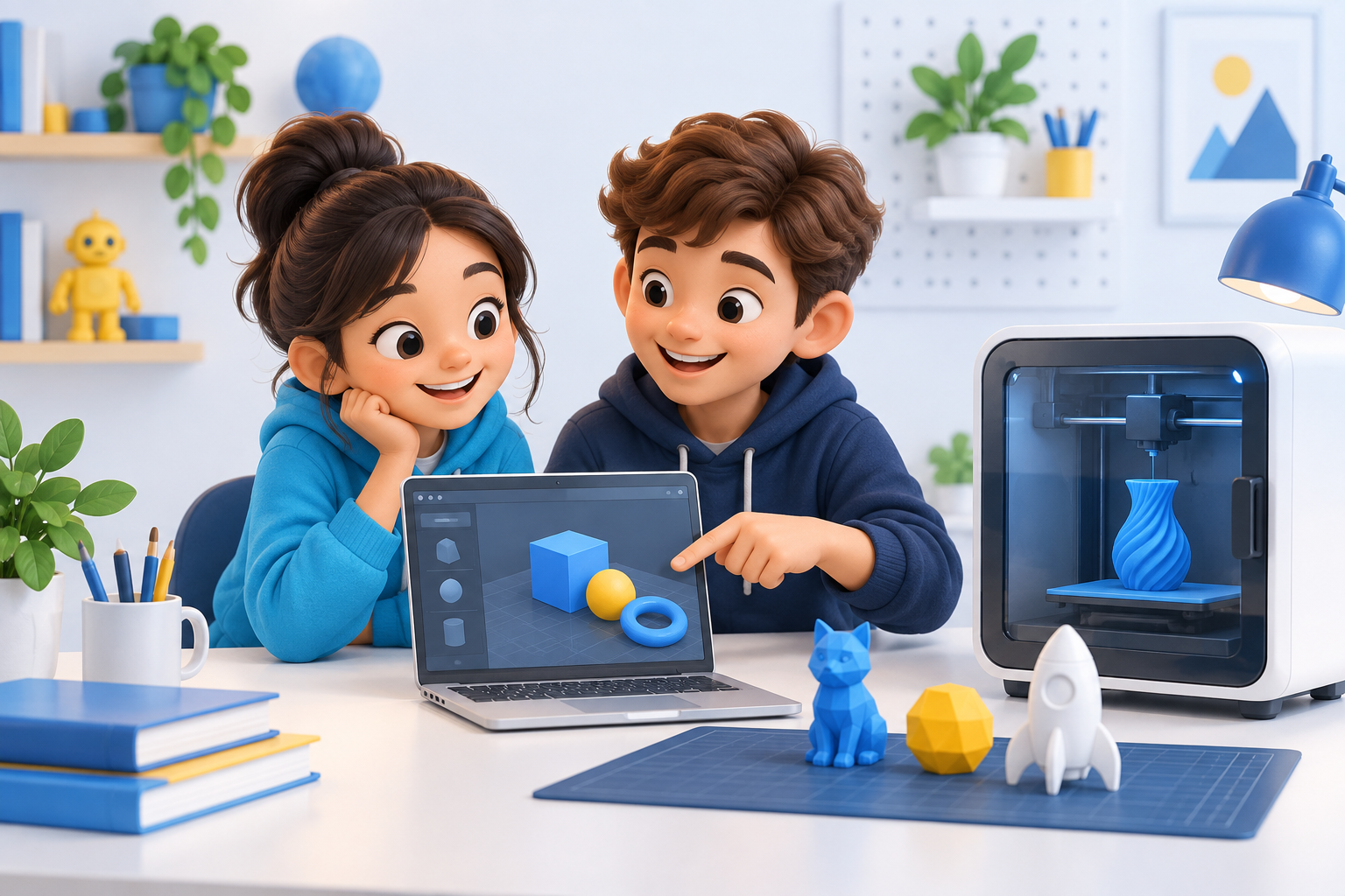 Bir kız ve bir erkek çocuğun birlikte 3D tasarım öğrendiği atölye illüstrasyonu